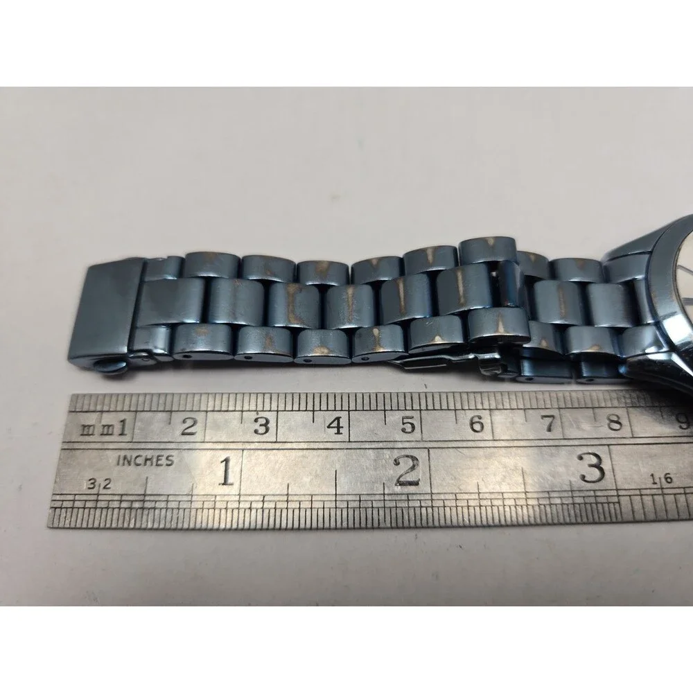 Michael Kors Runway Womens Blue Steel Silver Dial 34mm Quartz Watch New Battery